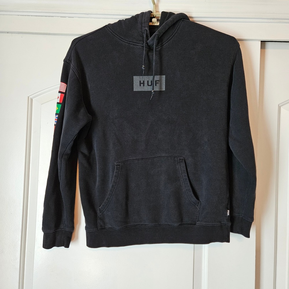 HUF Worldwide Mens Medium Black Box Logo Hoodie Flag Sleeve‎ Graphic Streetwear
